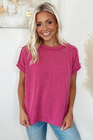 Rose red ribbed top