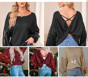 Cross back sequin sleeve blouse